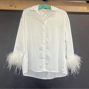 Elegant White Feather Cuff Blouse